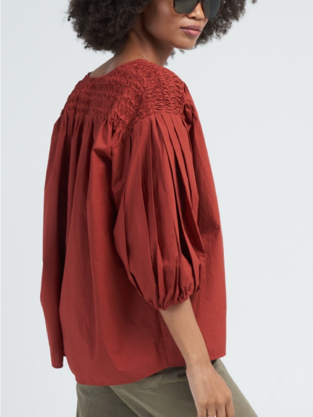 Merlette Dalen Top M Terracotta Pima Cotton Smocked Yoke Pleated Sleeve Blouse